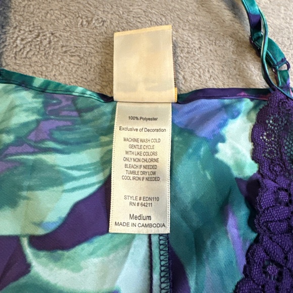 In Bloom by Jonquil Set Robe Slip Nightgown Med Large Purple Lace Teal Floral - Picture 11 of 14